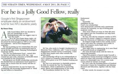 The Straits Times: For he is a jolly good fellow, really